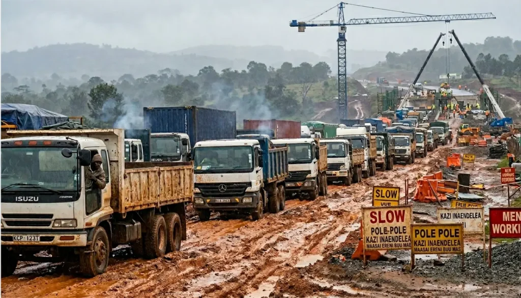Heavy truck traffic and construction diversions on the A8 highway impacting the Nakuru to Masai Mara drive