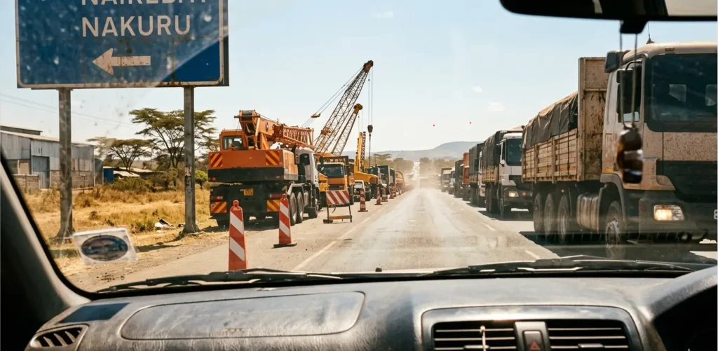 Current 2026 road construction traffic on the Nairobi to Nakuru highway near Rironi.