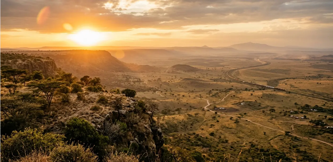Scenic Rift Valley landscape view on the Nairobi to Nakuru by SGR train route.