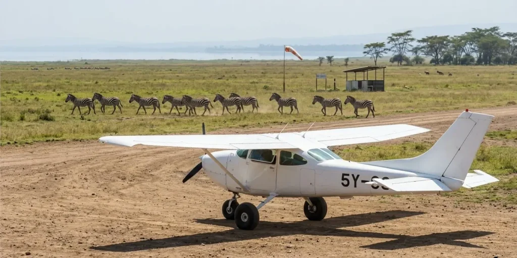 The 5 Best Lake Nakuru Lodges for Wildlife Viewing 2026: A Balcony-View Report 7 A safari plane at Naishi Airstrip with wildlife in the background at Lake Nakuru in 2026.