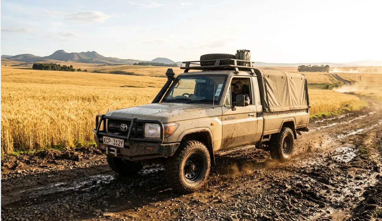 2026 safari Land Cruiser driving the high-altitude route to cover the Nakuru to Masai Mara distance