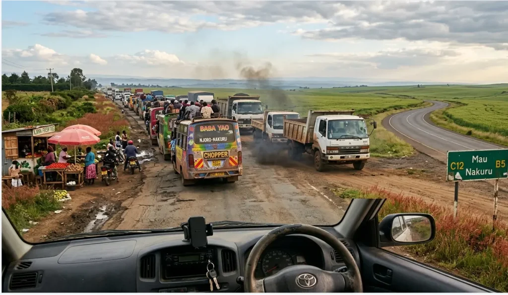 2026 road junction showing the contrast between A8 construction traffic and the clear Mau Narok route to Masai Mara