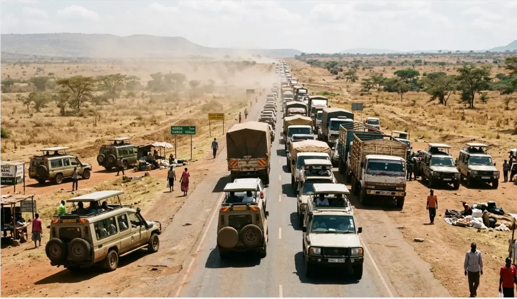 Heavy traffic congestion on the Narok-Nairobi highway during the 2026 Sunday afternoon rush.