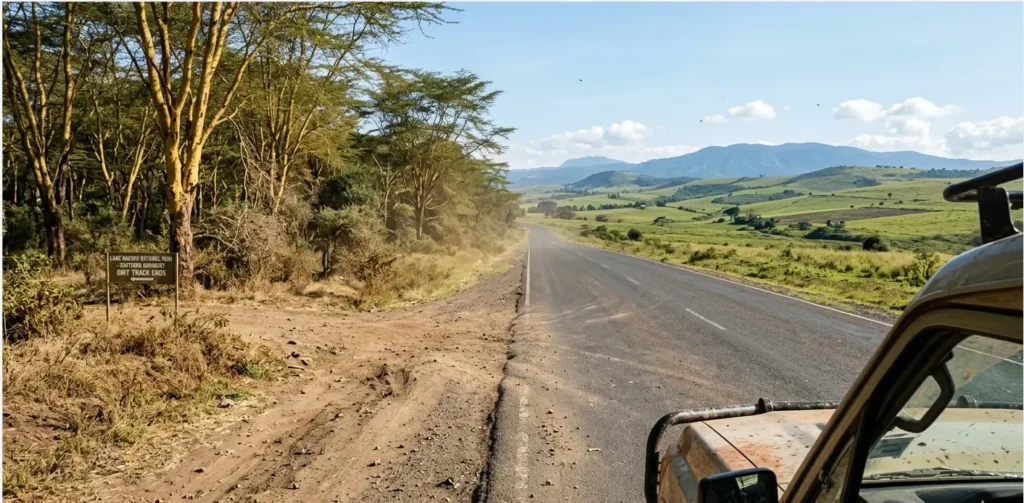 2026 view from a safari vehicle exiting Lake Nakuru via the southern Nderit Gate route to avoid city gridlock