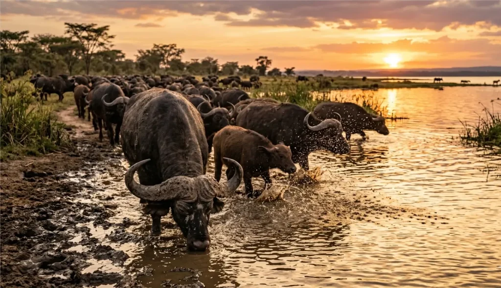 5 Best Lake Nakuru Lodges for Wildlife Photography: A 2026 Pro-Lens & Logistical Comparison 6 Large buffalo herd drinking at the Nderit plains shoreline in Lake Nakuru in 2026.