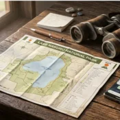 A smartphone showing official KWS WhatsApp support and a 2026 Lake Nakuru National Park map on a safari planning desk.