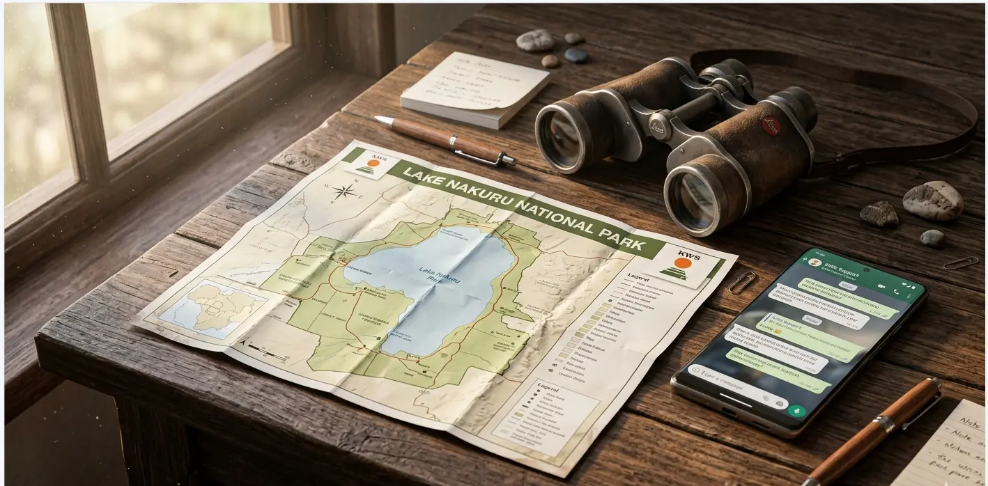A smartphone showing official KWS WhatsApp support and a 2026 Lake Nakuru National Park map on a safari planning desk.