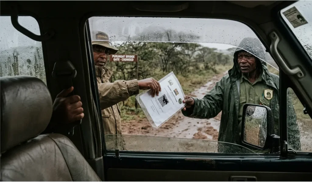 How to Pay Masai Mara Park Fees 2026: The "eCitizen Trap" & Step-by-Step Payment Guide 6 A safari guide presenting a printed QR code to a park ranger during a rainy day at Talek Gate.