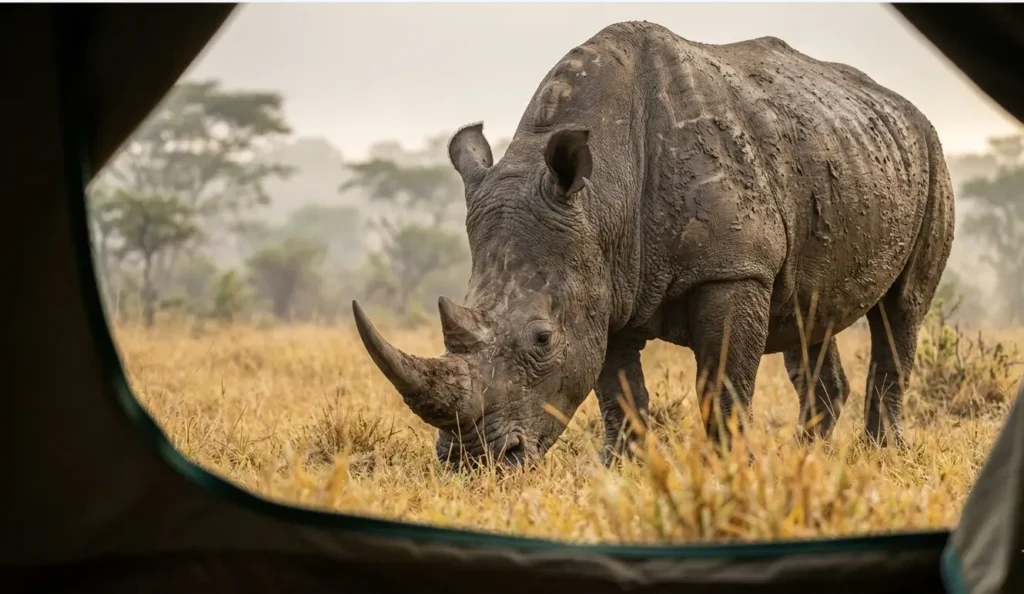 Lake Nakuru Camping 2026: The "Public vs. Special" Reality Check 5 A white rhino grazing near the unfenced Rhino Special Campsite in Lake Nakuru during 2026.