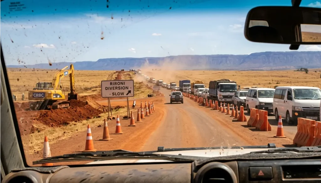 Realistic 2026 traffic and road construction at Rironi, a key bottleneck on the Nairobi to Nakuru safari route.