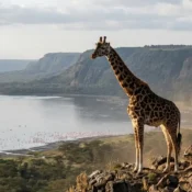 Featured shot of an Endangered Rothschild Giraffe in Kenya standing on the Lake Nakuru cliffs