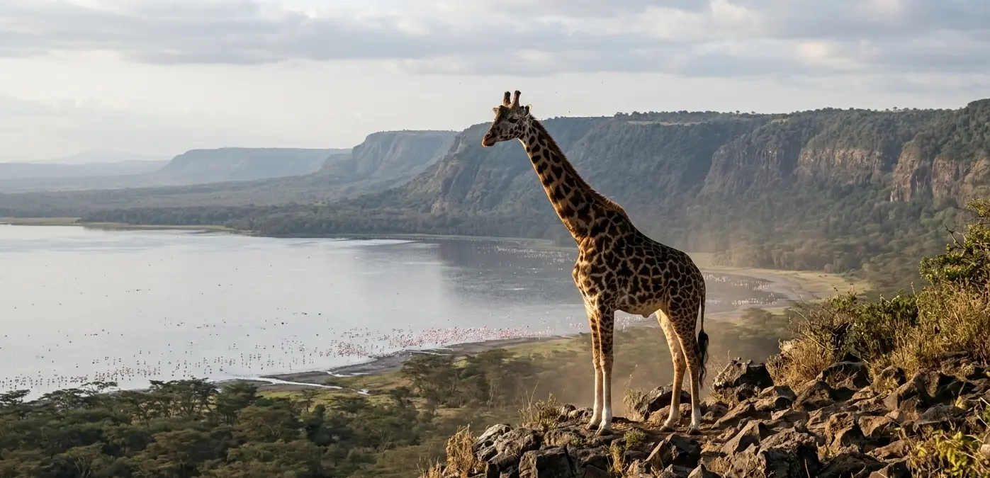Featured shot of an Endangered Rothschild Giraffe in Kenya standing on the Lake Nakuru cliffs