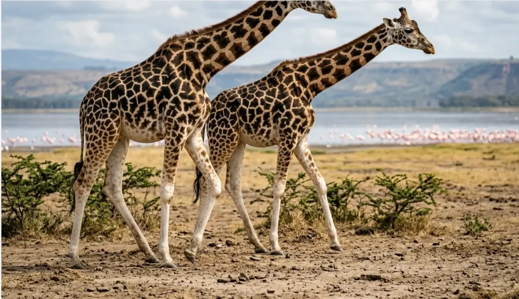 Identification guide for Rothschild’s Giraffes in Lake Nakuru National Park showing white legs.