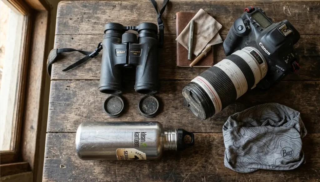 Professional camera gear and binoculars packed for a 2026 Nairobi to Lake Nakuru day trip.