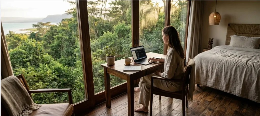 The Best Safari Lodge in Lake Nakuru: A 2026 Operator’s Verdict (And Why the "Old Lists" are Wrong) 3 Luxury chalet interior at Sarova Lion Hill, the best safari lodge Lake Nakuru provides for digital nomads in 2026.