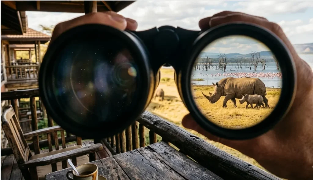 The 5 Best Lake Nakuru Lodges for Wildlife Viewing 2026: A Balcony-View Report 4 Binocular view of rhinos from a Sarova Lion Hill room balcony in Lake Nakuru during 2026.