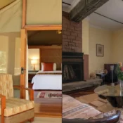 A split-screen comparison of the luxury tented interior at Sarova Mara (left) and the stone-masonry chalet interior at Sarova Lion Hill (right) in 2026