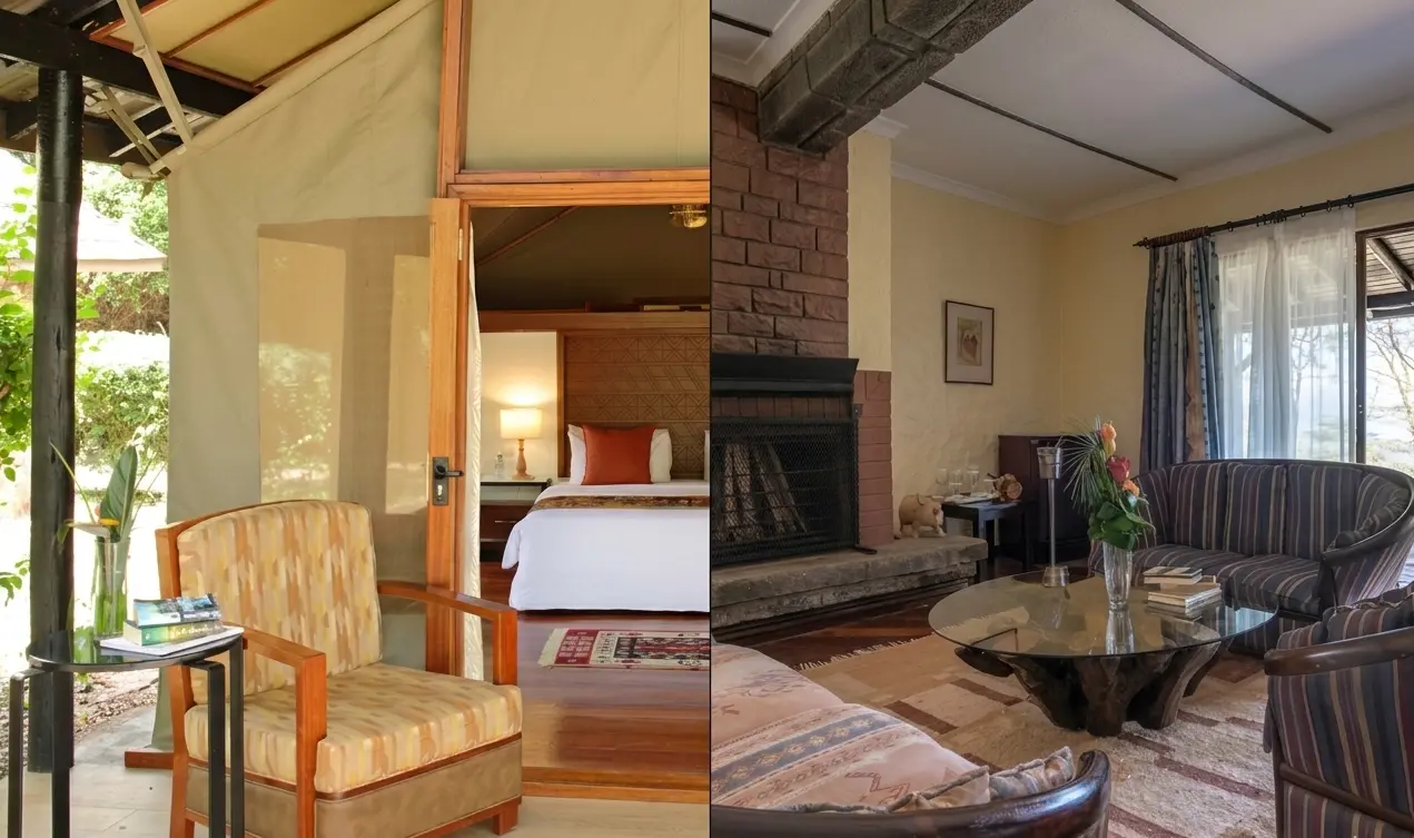 A split-screen comparison of the luxury tented interior at Sarova Mara (left) and the stone-masonry chalet interior at Sarova Lion Hill (right) in 2026