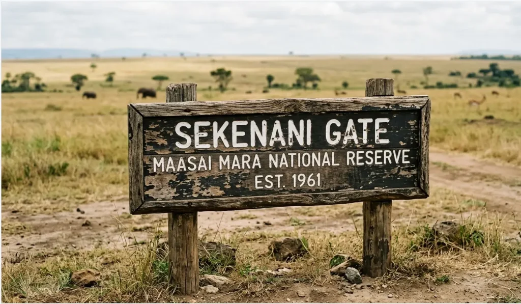 Entrance sign at Sekenani Gate, Masai Mara, where 2026 park fees are verified.