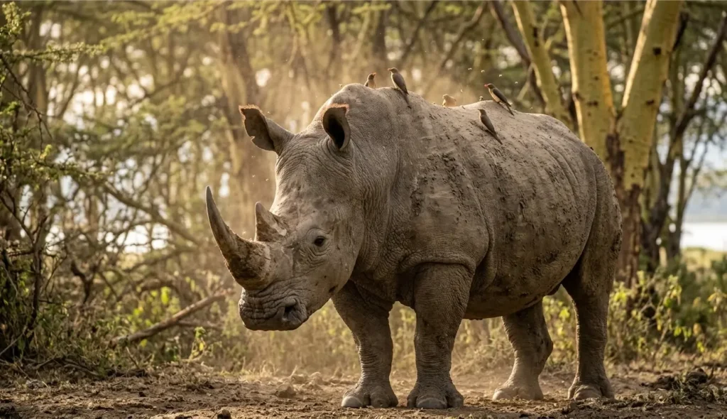 A Southern White Rhino grazing in the acacia forest during a 2026 Lake Nakuru safari.