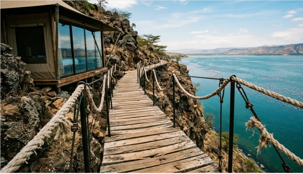 The Best Safari Lodge in Lake Nakuru: A 2026 Operator’s Verdict (And Why the "Old Lists" are Wrong) 4 The iconic suspension walkway connecting private tented suites at The Cliff, the best safari lodge Lake Nakuru offers for 2026 seclusion.