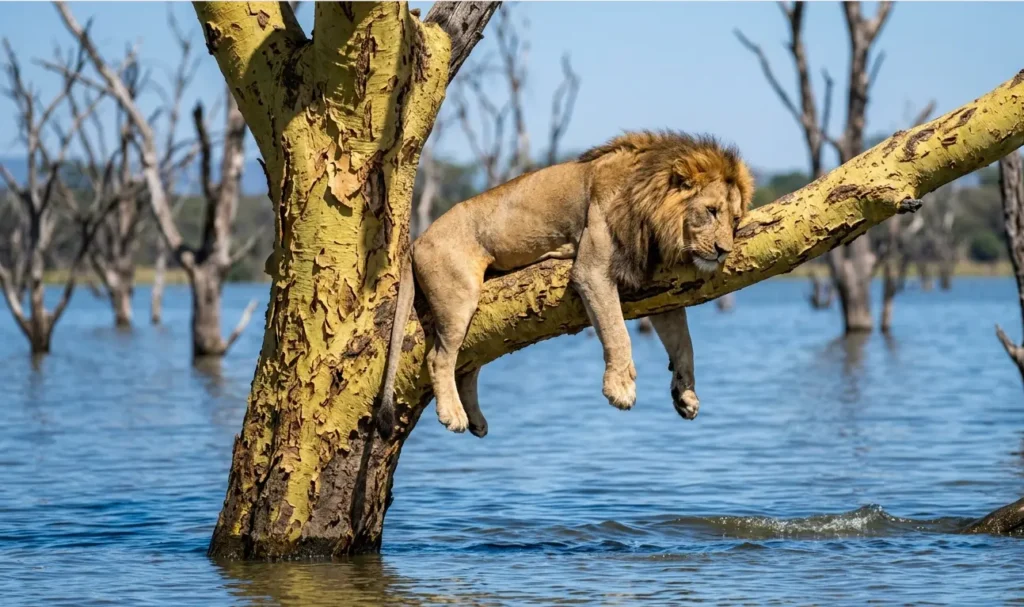 17 Fun Things to Do in Nakuru 2026: An Operator’s Ground Report (Beyond the Safari) 3 Rare tree-climbing lion resting in a flooded acacia tree at Lake Nakuru.