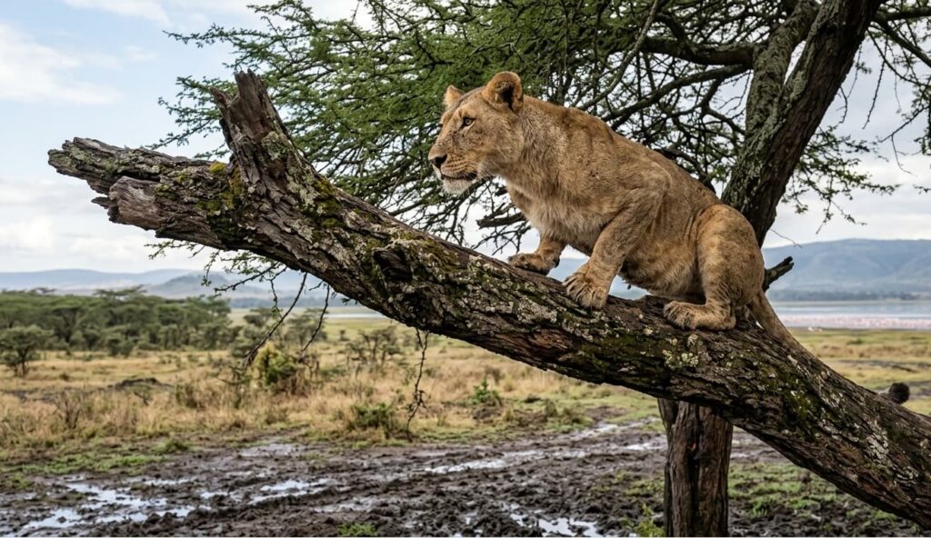 Rare tree-climbing lions in Lake Nakuru National Park escaping 2026 sodden ground.