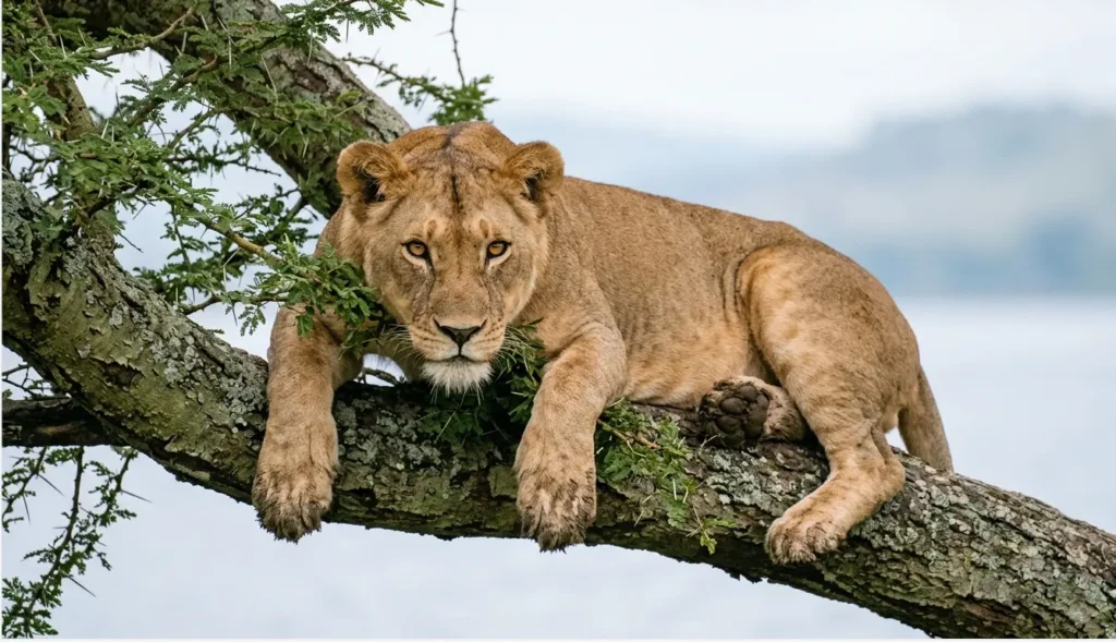 A tree-climbing lion resting in an acacia tree to avoid the 2026 alkaline mud at Lake Nakuru.