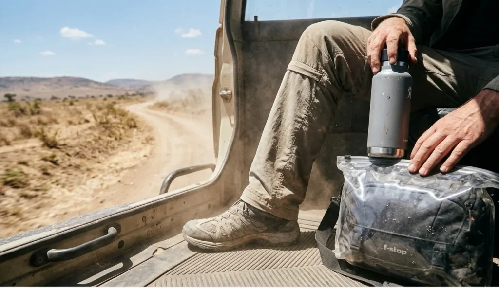 Masai Mara Packing List 2026: 5 Critical Items 90% of Safaris Forget 2 Traveler wearing technical safari trousers and closed shoes in a dusty vehicle near the Masai Mara, using compliant TPU pouches in 2026.