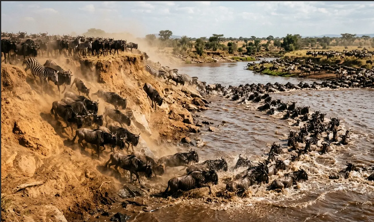 Large herd of wildebeest plunging into the Mara River during the Great Migration