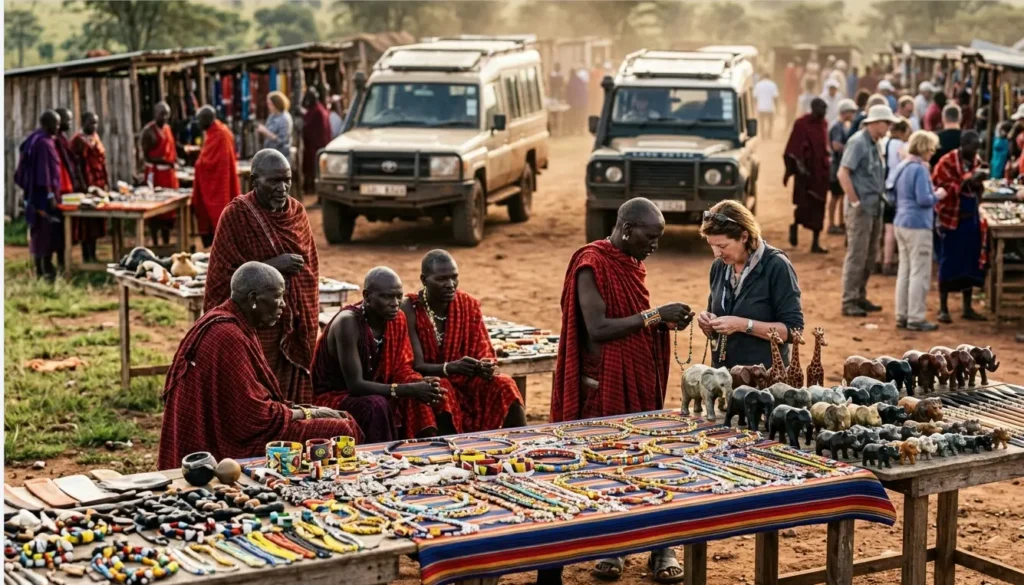Narok Pitstop 2026: Where Hilmuks Guides Stop Before the Mara 4 Colorful Maasai beaded jewelry and wood carvings for sale at the Ewaso Ng'iro transit point.