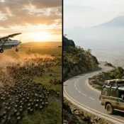 Comparison of a safari bush plane flying over wildlife and a 4x4 vehicle driving the Rift Valley escarpment to Masai Mara.