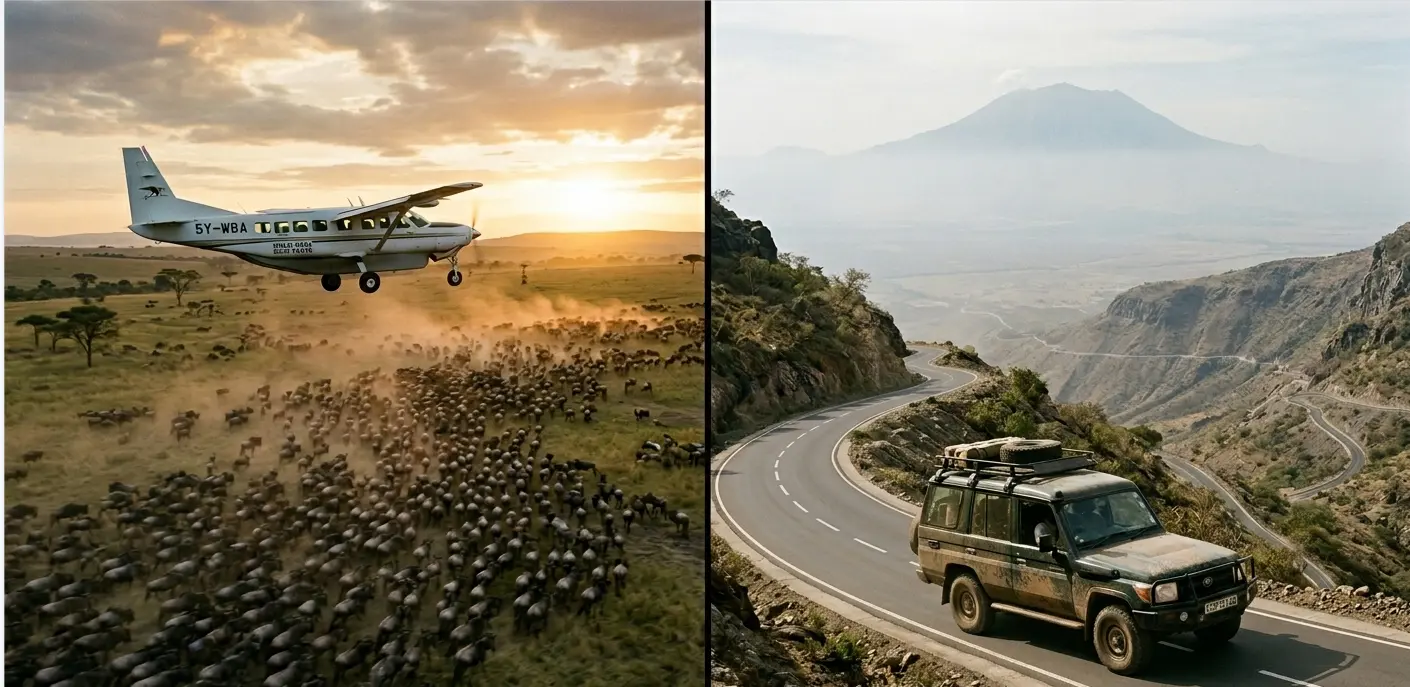 Comparison of a safari bush plane flying over wildlife and a 4x4 vehicle driving the Rift Valley escarpment to Masai Mara.