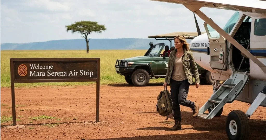 Fly or Drive to Masai Mara 2026? The Honest Cost Verdict 2 Traveler arriving at a Masai Mara bush airstrip via a domestic flight from Nairobi.