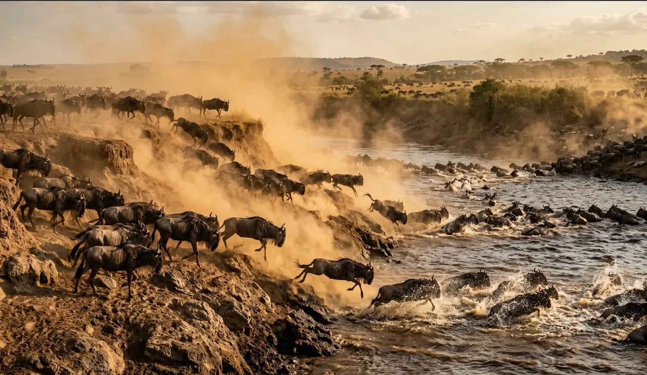 Thousands of wildebeest leaping from a steep riverbank into the Mara River during the Great Migration.