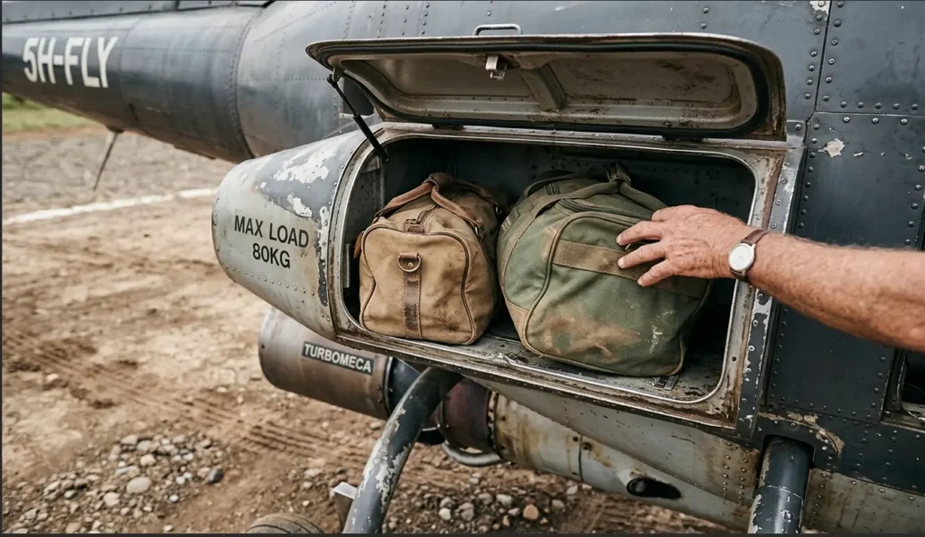 Soft-sided safari bags being loaded into a restricted helicopter cargo pod in Kenya.