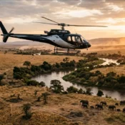 Private helicopter flying over the Mara River during a luxury Kenya safari.