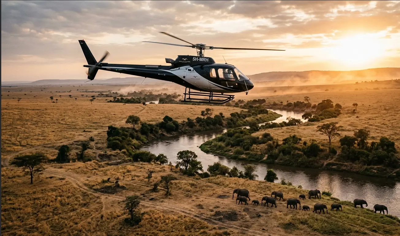 Private helicopter flying over the Mara River during a luxury Kenya safari.
