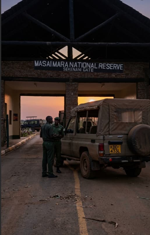 Hilmuks safari vehicle at a Masai Mara gate during the migration season.