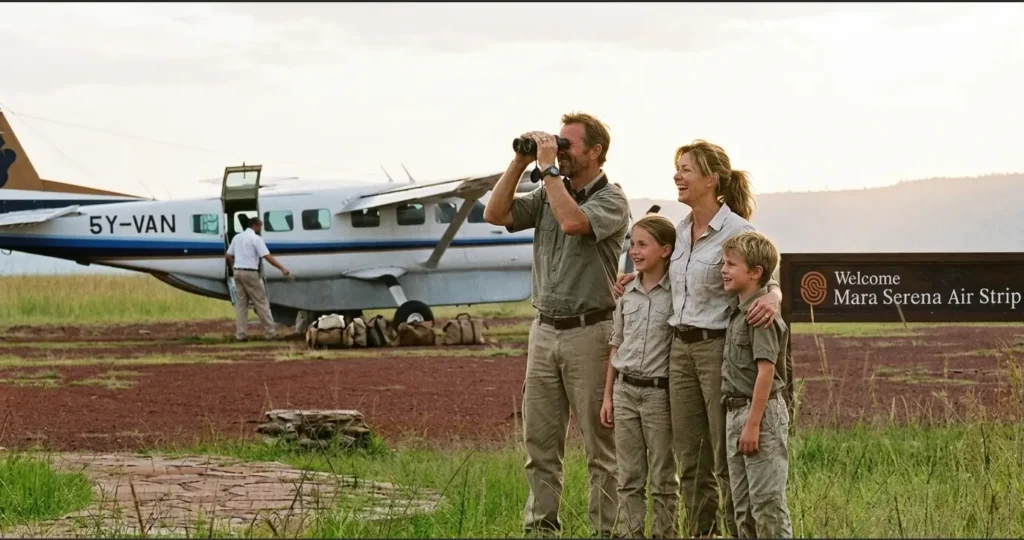 Masai Mara Private Charter Flights 2026: No Queue, No Limit 6 A family enjoying the convenience of a private charter flight arrival at their Masai Mara safari destination