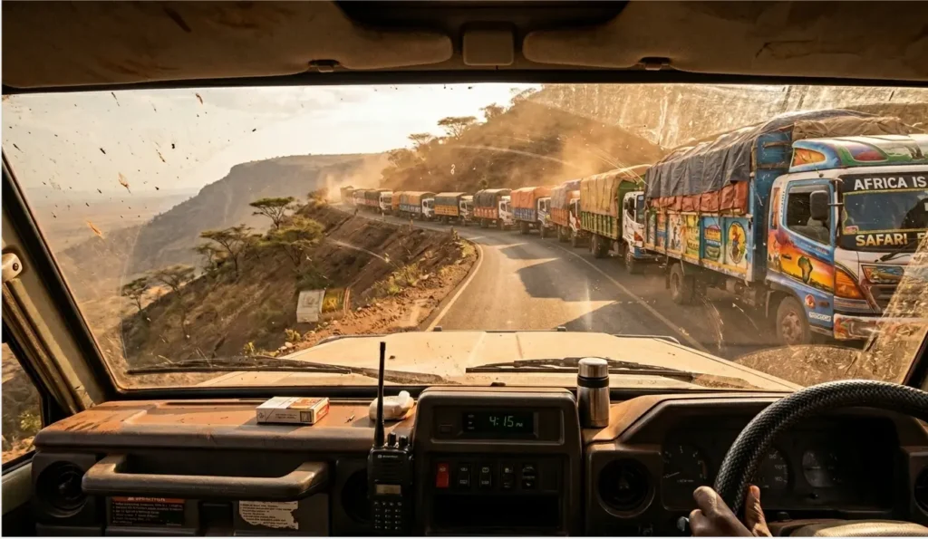 Fly or Drive to Masai Mara 2026? The Honest Cost Verdict 3 Heavy traffic and truck delays on the Mai Mahiu escarpment road leading to Masai Mara.