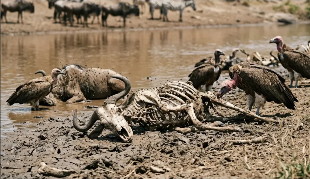 Decomposing wildebeest carcasses along the banks of the Mara River after a crossing.