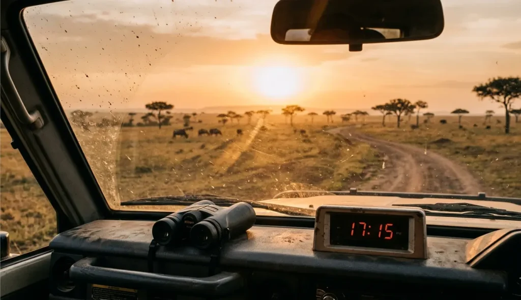 Masai Mara Self Drive 2026: Don't Get Stuck, Lost, or Fined 5 The view from a vehicle dashboard showing the sunset approaching as the 12-hour permit window nears expiry.