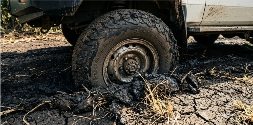 Masai Mara Self Drive 2026: Don't Get Stuck, Lost, or Fined 4 Close-up of a 4x4 tire stuck in the deceptive black cotton soil of the Masai Mara.
