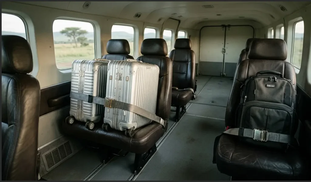 Masai Mara Private Charter Flights 2026: No Queue, No Limit 4 Interior of a private safari plane showing hard-shell suitcases placed on passenger seats to demonstrate luggage flexibility.