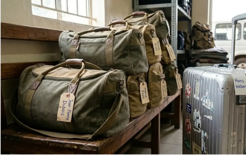 Fly or Drive to Masai Mara 2026? The Honest Cost Verdict 5 Soft-sided safari bags and stored city luggage illustrating the weight limit solution for Mara flights.