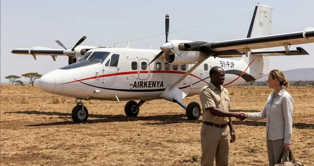 A safari guide welcoming travelers at a remote airstrip in the Masai Mara.