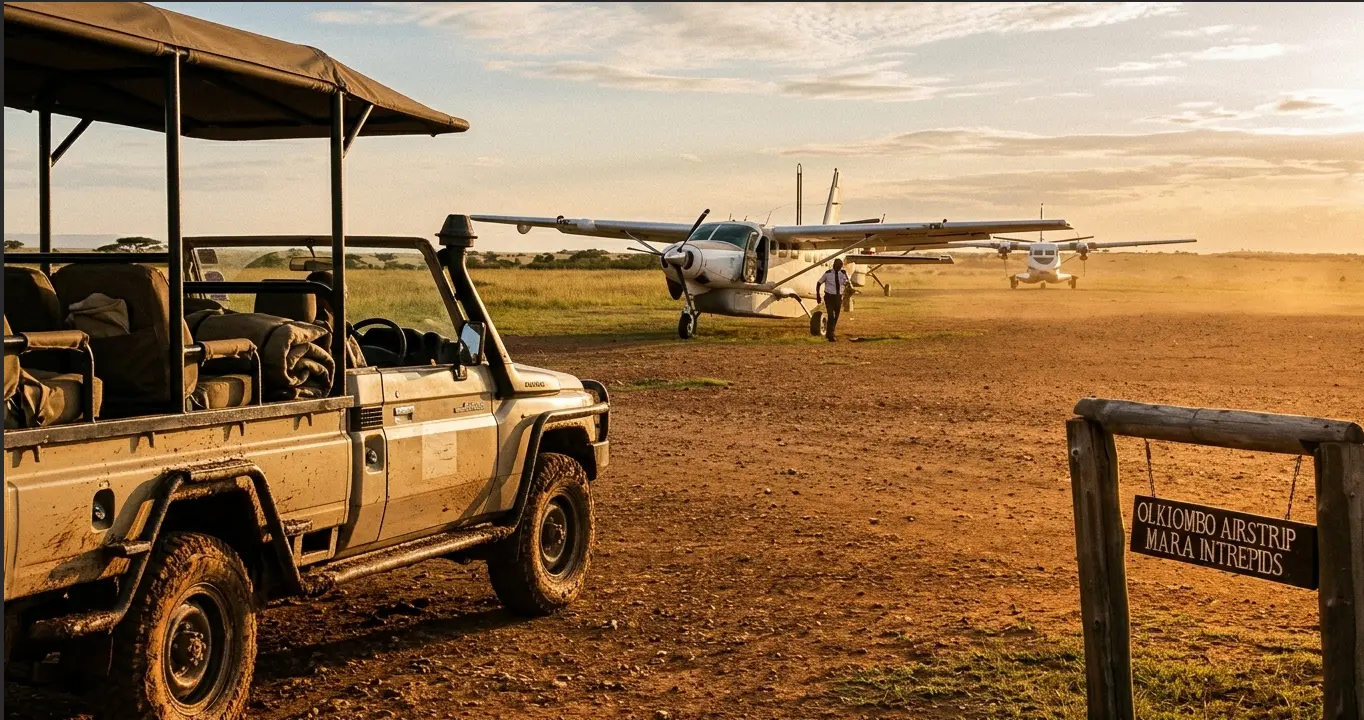 Aerial view of a safari aircraft landing on a dirt runway in the Masai Mara savanna.