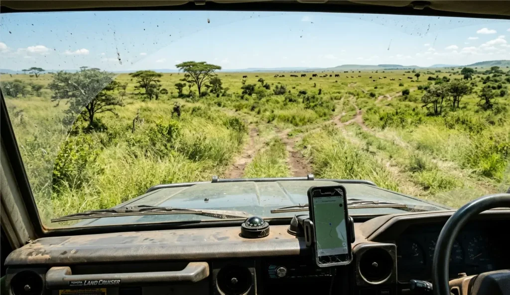 Unmarked game drive tracks in the Masai Mara 2026 showing the difficulty of self-drive navigation.