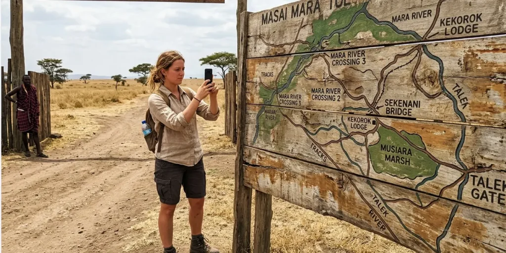Masai Mara Self Drive 2026: Don't Get Stuck, Lost, or Fined 3 A safari traveler photographing the physical track map at the Masai Mara gate as a navigation backup for dead zones.